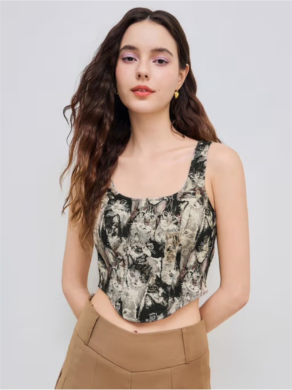 Cider Jacquard Cat Pattern Corset Cami Crop Top Medium
